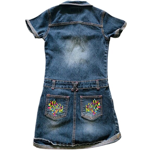 Miss Jeans Girls Embroidered Blue Denim Dress Silver Buttons Colorful Pockets 6X - Picture 4 of 10